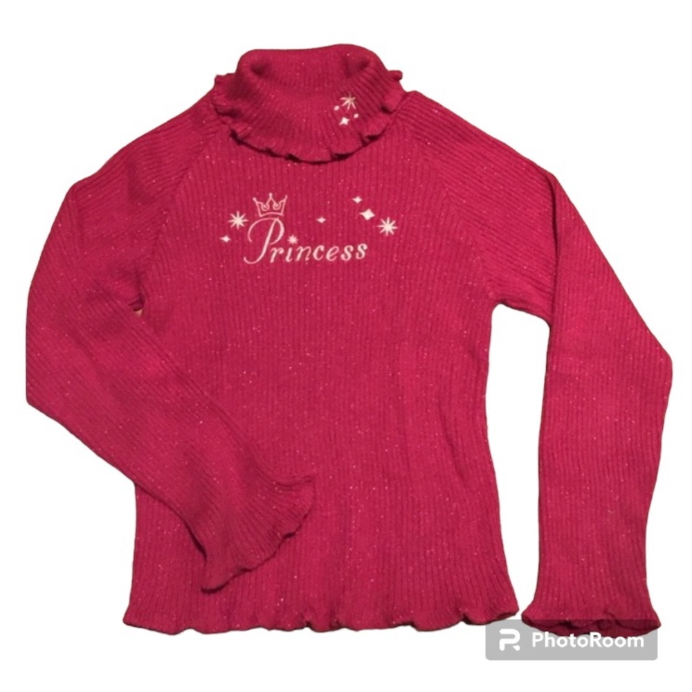 DISNEY PRINCESS RUFFLE TURTLENECK SWEATER PINK GLITTER LONG SLEEVE